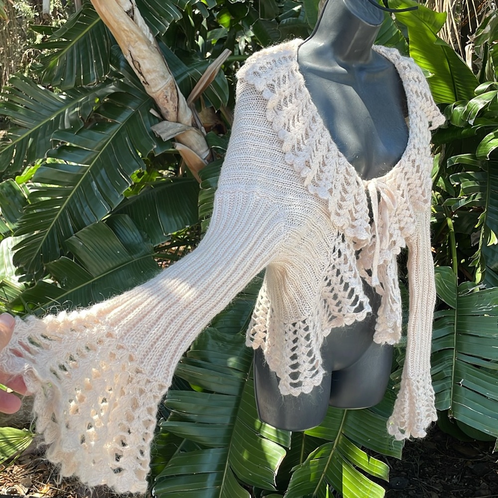 Crochet trimmed bell sleeve cardigan by Newport News - Picture 3 of 6